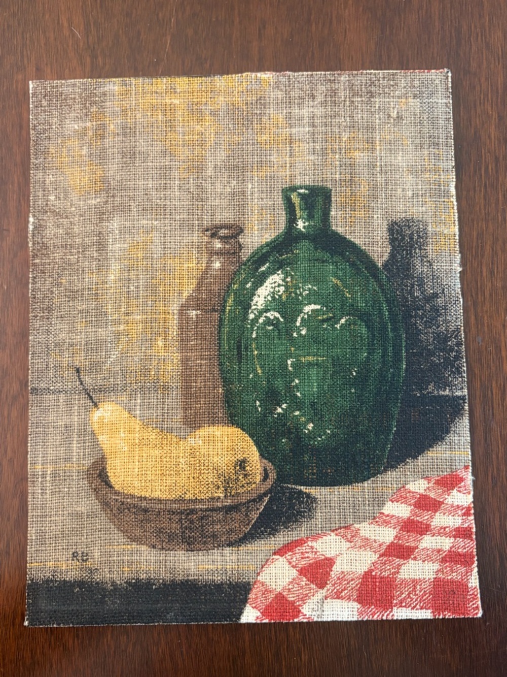 RB Signed Vintage Mid Century Woven Jug & Pear Still Life Fiber Art Artwork